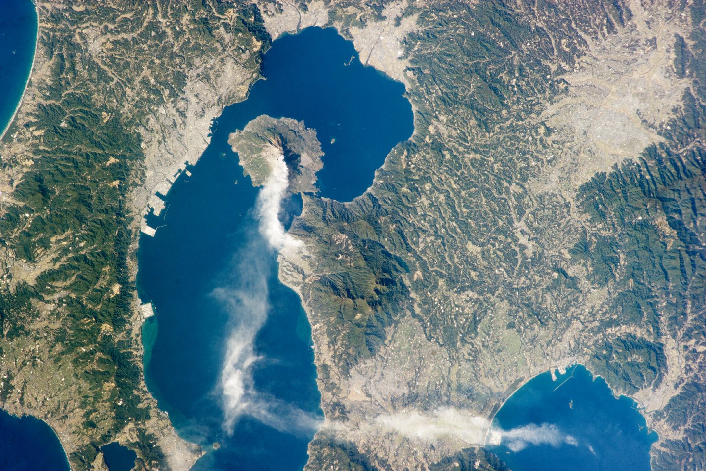 Sakurajima volcano rising from Kagoshima Bay